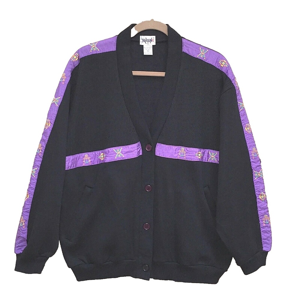 Vtg Cardigan XL 90's Black Bomber Warm Fleece Lined Pockets Southwest Trim